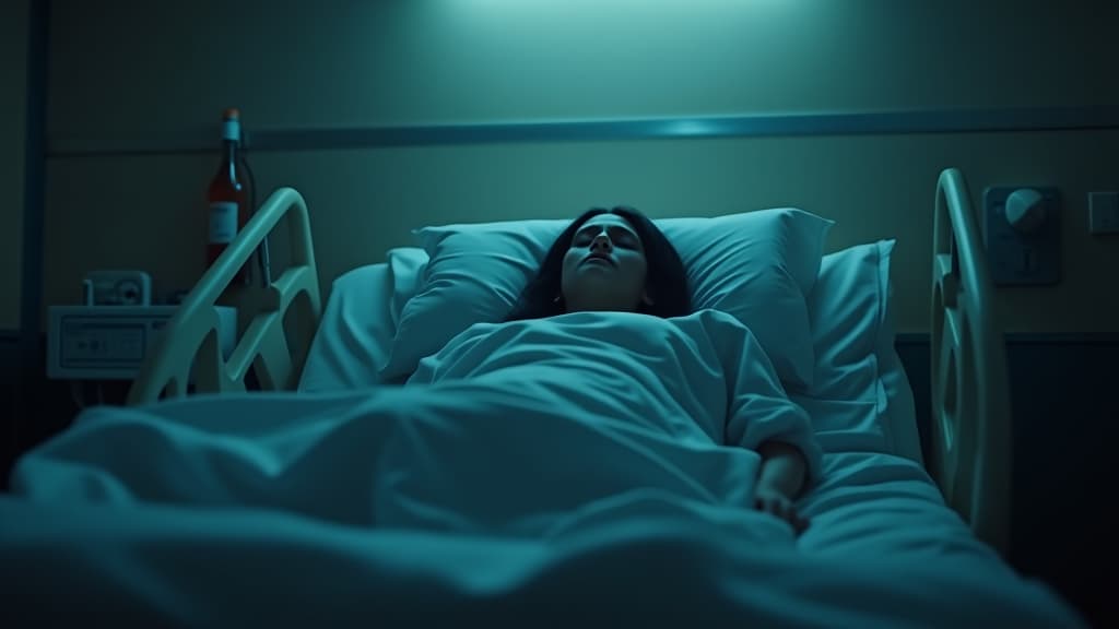  , a dark hospital room where julia wakes up confused, her body unable to move, the reality of her accident setting in. hyperrealistic, full body, detailed clothing, highly detailed, cinematic lighting, stunningly beautiful, intricate, sharp focus, f/1. 8, 85mm, (centered image composition), (professionally color graded), ((bright soft diffused light)), volumetric fog, trending on instagram, trending on tumblr, HDR 4K, 8K