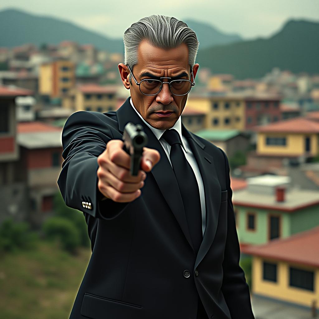  by katsuhiro otomo, photo of slim man with grey hair and glasses wearing a black suit, holding gun in hand ,with the other hand is in his trouser pocket, pointing the barrel to camera, with the background of a favela in rio de janeiro