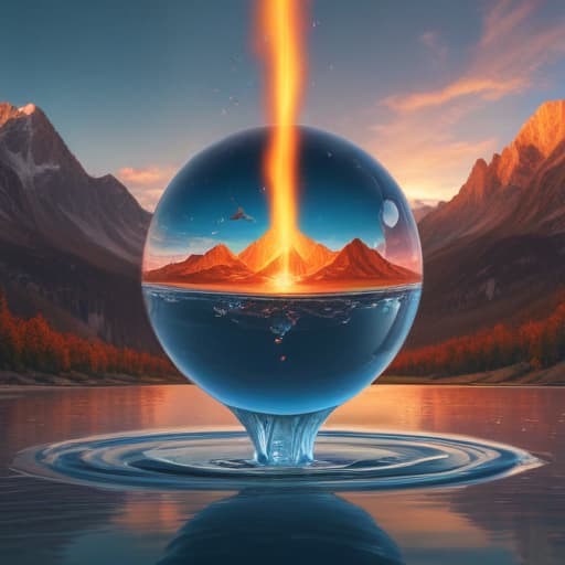 An image of flat earth within a droplet of fire falling through the air into water in Comic Art style with Mountains background