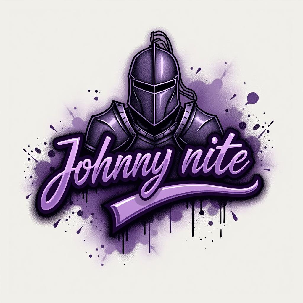  design a logo, in a pencil style. knight graffiti purple and black, with the text 'johnny nite'.