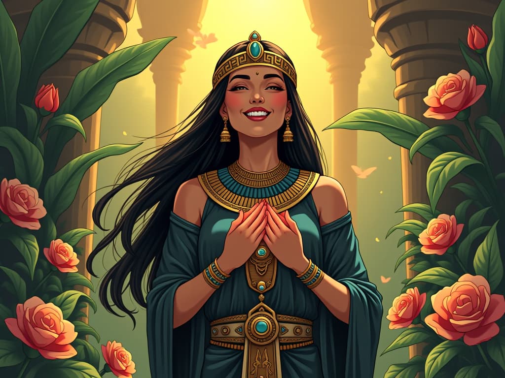  priestess with a beaming smile, standing in a lush, blooming garden, hands over heart, radiating joy and fulfillment, sense of completeness. the style is digital art illustration / modern comic book / mysterious occult, symbolic, esoteric vibe,high detail on character design, incorporating ancient egyptian symbology and attire.