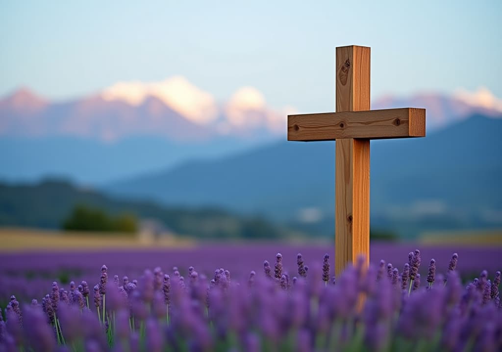  wooden cross in a lavender field with mountains in the background