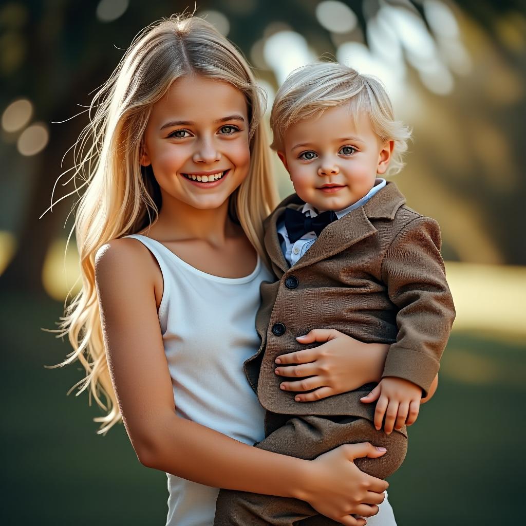  a blonde girl is holding a stylishly dressed little blonde boy in her arms.