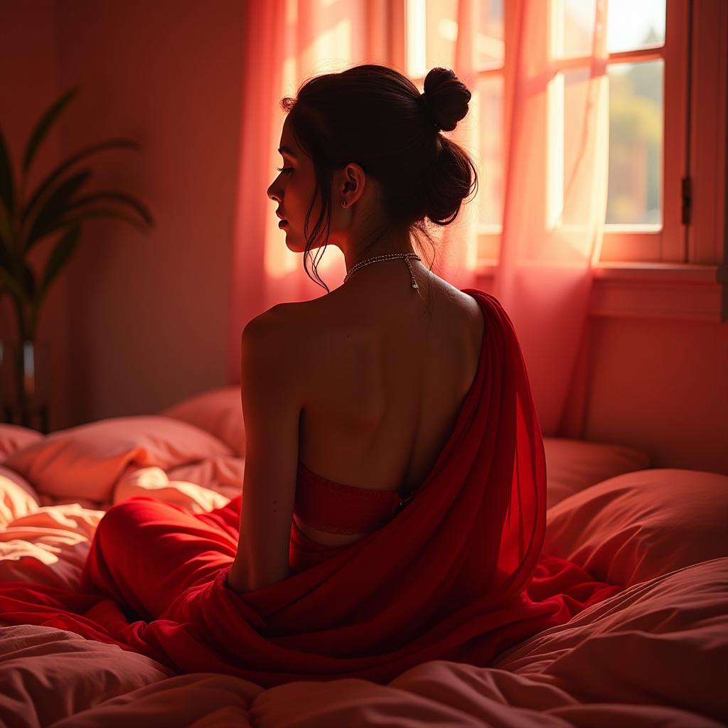  beautiful naked indian shy girl on her first wedding bed waiting for her husband, beautiful red hyperrealistic, full body, detailed clothing, highly detailed, cinematic lighting, stunningly beautiful, intricate, sharp focus, f/1. 8, 85mm, (centered image composition), (professionally color graded), ((bright soft diffused light)), volumetric fog, trending on instagram, trending on tumblr, HDR 4K, 8K