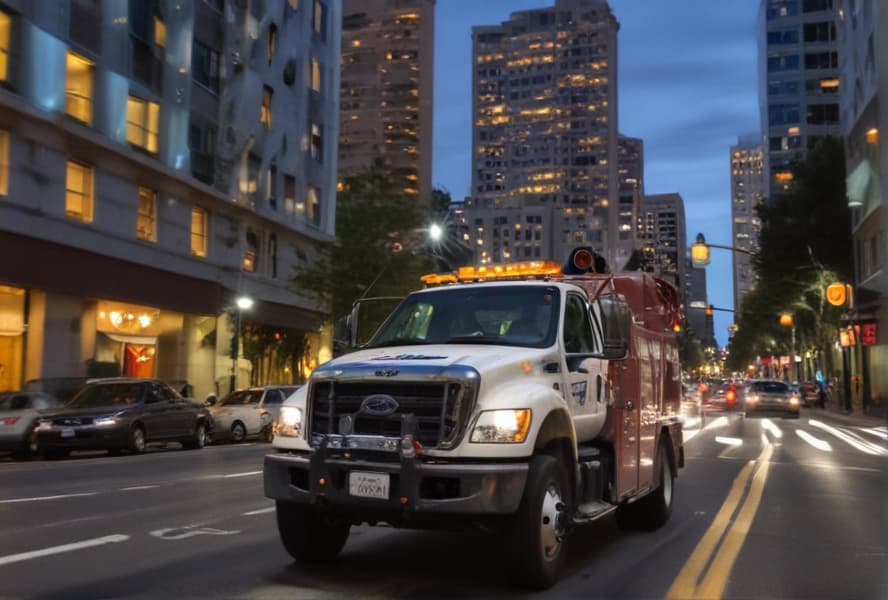 A tow truck with flashing lights drives through San Jose's busy streets, surrounded by towering buildings.