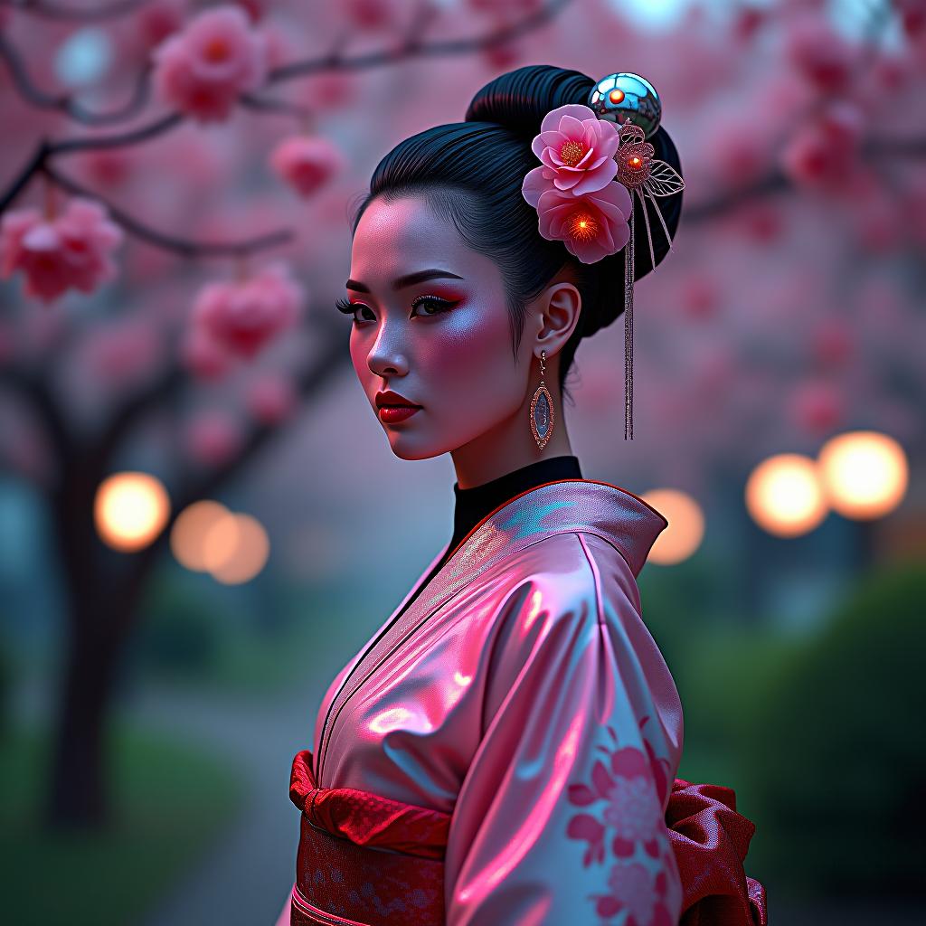  photo of a seductive and enigmatic cybernetic geisha with neon hair ornaments and a kimono made of holographic fabric, standing under a cherry blossom tree in a futuristic garden. the petals glow with soft light, reflecting off her metallic skin. soft, ambient lighting, futuristic, cinematic, sharp focus, hyper realistic, cultural fusion.