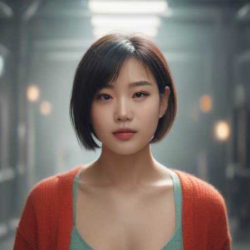 an ultra realistic photo of , in their , bobcut hairstyle, hair, looks happy, model with gles, asian ethnicity, and d Asian one person symmetrical balance, in-frame hyperrealistic, full body, detailed clothing, highly detailed, cinematic lighting, stunningly beautiful, intricate, sharp focus, f/1. 8, 85mm, (centered image composition), (professionally color graded), ((bright soft diffused light)), volumetric fog, trending on instagram, trending on tumblr, HDR 4K, 8K