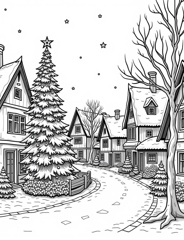  this is for an adult coloring page. a detailed black and white line art of a snowy snowy village square with a decorated christmas tree on a solid white background.