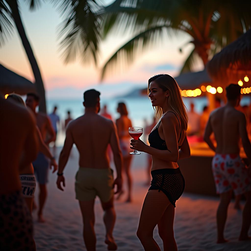  cinematic photo people on the beach at the sea of mexican bar, cocktails, party, palms, dances . 35mm photograph, film, bokeh, professional, 4k, highly detailed hyperrealistic, full body, detailed clothing, highly detailed, cinematic lighting, stunningly beautiful, intricate, sharp focus, f/1. 8, 85mm, (centered image composition), (professionally color graded), ((bright soft diffused light)), volumetric fog, trending on instagram, trending on tumblr, HDR 4K, 8K