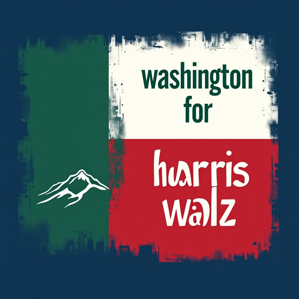  a tshirt design inspired by the washington state flag. the left side features a green vertical stripe with a large mountain in the center. the right side is divided into two horizontal sections: the top section is white with the text 'washington for' in bold, green, uppercase letters, and the bottom section is red with the text 'harris walz' in bold, white, uppercase letters. the overall layout is clean and straightforward, with a clear and patriotic color scheme of blue, white, and red.