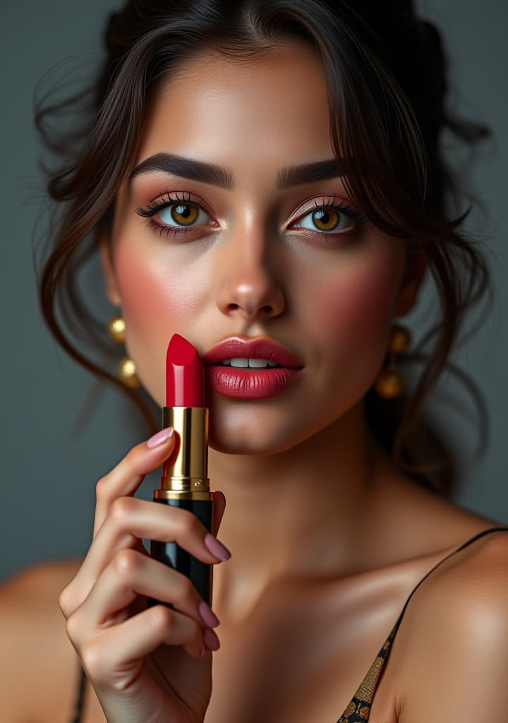  a bold, female, indian, fair body color, adult, model profession, showing a lipstick product, text write on lipstick body in bold font style "sugar" hyperrealistic, full body, detailed clothing, highly detailed, cinematic lighting, stunningly beautiful, intricate, sharp focus, f/1. 8, 85mm, (centered image composition), (professionally color graded), ((bright soft diffused light)), volumetric fog, trending on instagram, trending on tumblr, HDR 4K, 8K