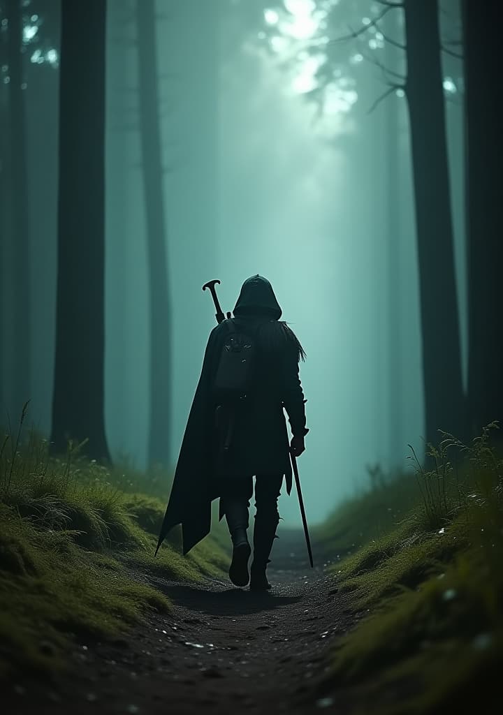  a warrior named thiago walking on big forest and dark full of monsters seen by far hyperrealistic, full body, detailed clothing, highly detailed, cinematic lighting, stunningly beautiful, intricate, sharp focus, f/1. 8, 85mm, (centered image composition), (professionally color graded), ((bright soft diffused light)), volumetric fog, trending on instagram, trending on tumblr, HDR 4K, 8K