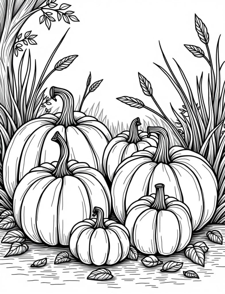  pumpkins of various sizes arranged in a rustic setting, black and white line art on a white background, for an adult coloring page.