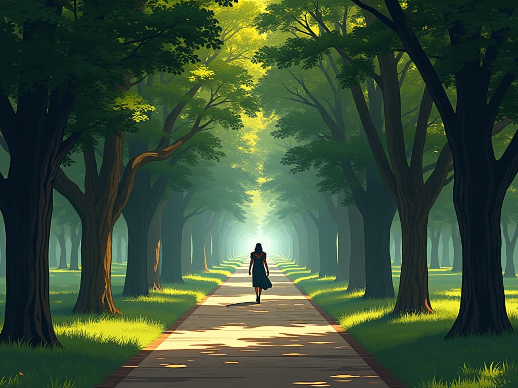  a serene park path, lined with towering trees, a person walking leisurely, absorbed in the beauty of nature. the style is digital art illustration / modern comic book / mysterious occult, symbolic, esoteric vibe,high detail on character design, incorporating ancient egyptian symbology and attire.