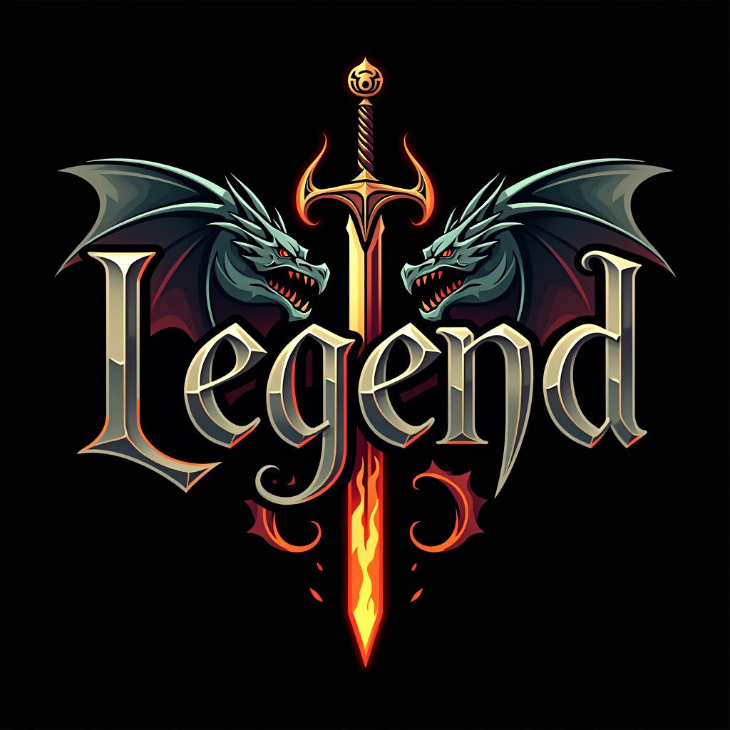  design a logo, custom sticker design on an isolated black background with the words ‘legend’ in bold font decorated by mythical dragons and a flaming sword