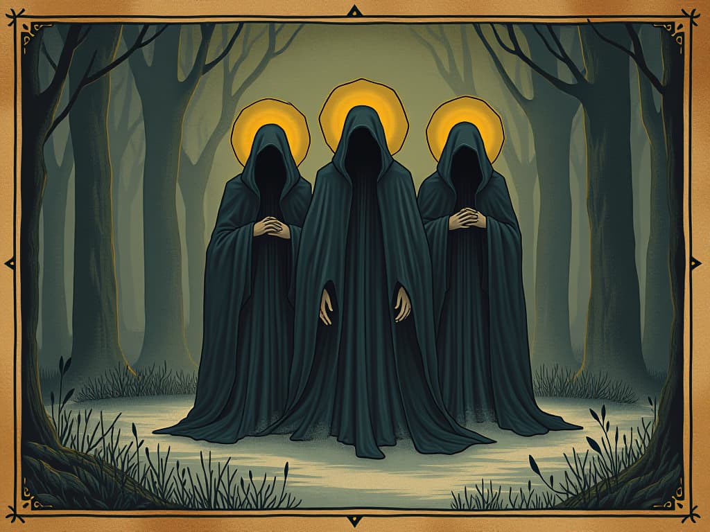  sense of belonging, figures wrapped in cloaks, sheltered from cold, illuminated halos, warmth and protection. an illustration in the style of a worn, mystical old tarot trump card, mysterious and elements of surrealism. the colors are muted, somber and eerie, but with contrast bring out an occult and esoteric vibe.