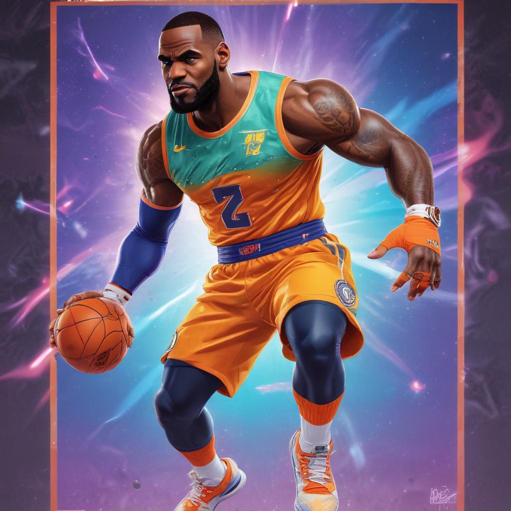 distance-shot, flashy, full-body, dynamic, holographic, animated cartoon poster of lebron james in the style of dragon ball super