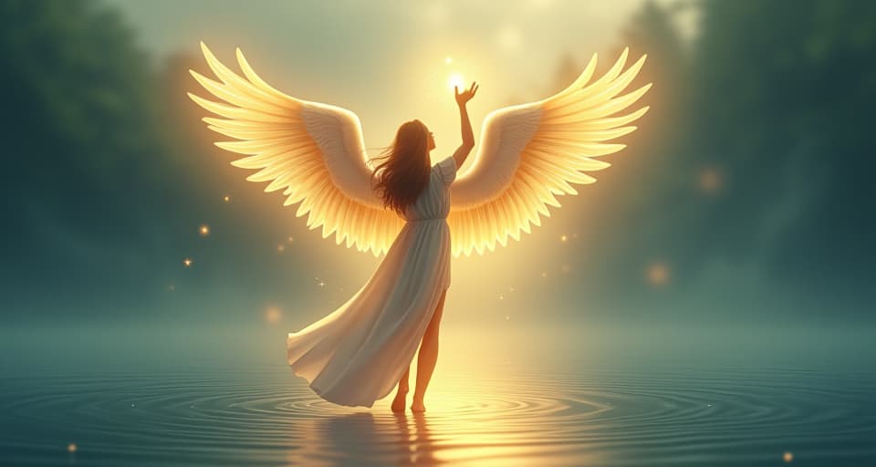  angelic figure with radiant wings, lifting up orbs of light from a serene lake, light transforming into prayers, divine and soothing scene. the style is digital art illustration,highly detailed, whimsical,magical, dreamlike atmosphere, realism and fantasy blend, smooth, glossy textures,luminous quality, wonder and enchantment.