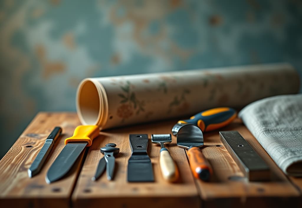  a landscape photo of a collection of essential wallpaper installation tools neatly organized on a rustic wooden surface, with a partially unrolled wallpaper sample in the background hyperrealistic, full body, detailed clothing, highly detailed, cinematic lighting, stunningly beautiful, intricate, sharp focus, f/1. 8, 85mm, (centered image composition), (professionally color graded), ((bright soft diffused light)), volumetric fog, trending on instagram, trending on tumblr, HDR 4K, 8K