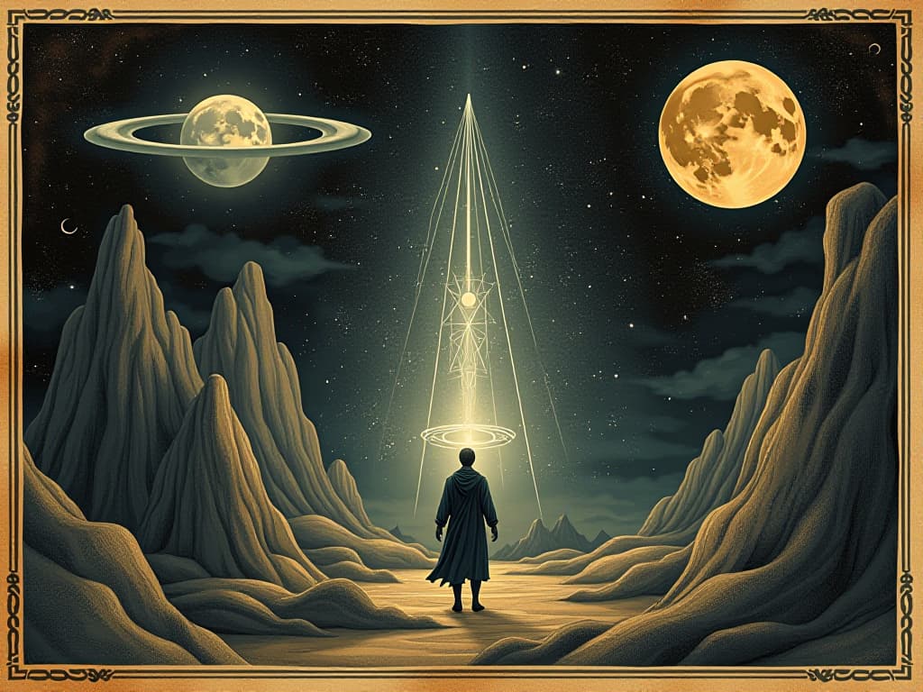  cosmic puzzle elements, ethereal communications, sense of destiny, otherworldly atmosphere. an illustration in the style of a worn, mystical old tarot trump card, mysterious and elements of surrealism. the colors are muted, somber and eerie, but with contrast bring out an occult and esoteric vibe.