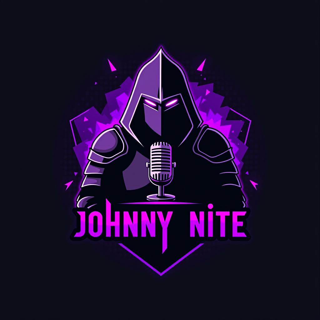  design a logo, in a geometric style. knight with a gaming mic graffiti purple and black, with the text 'johnny nite'.