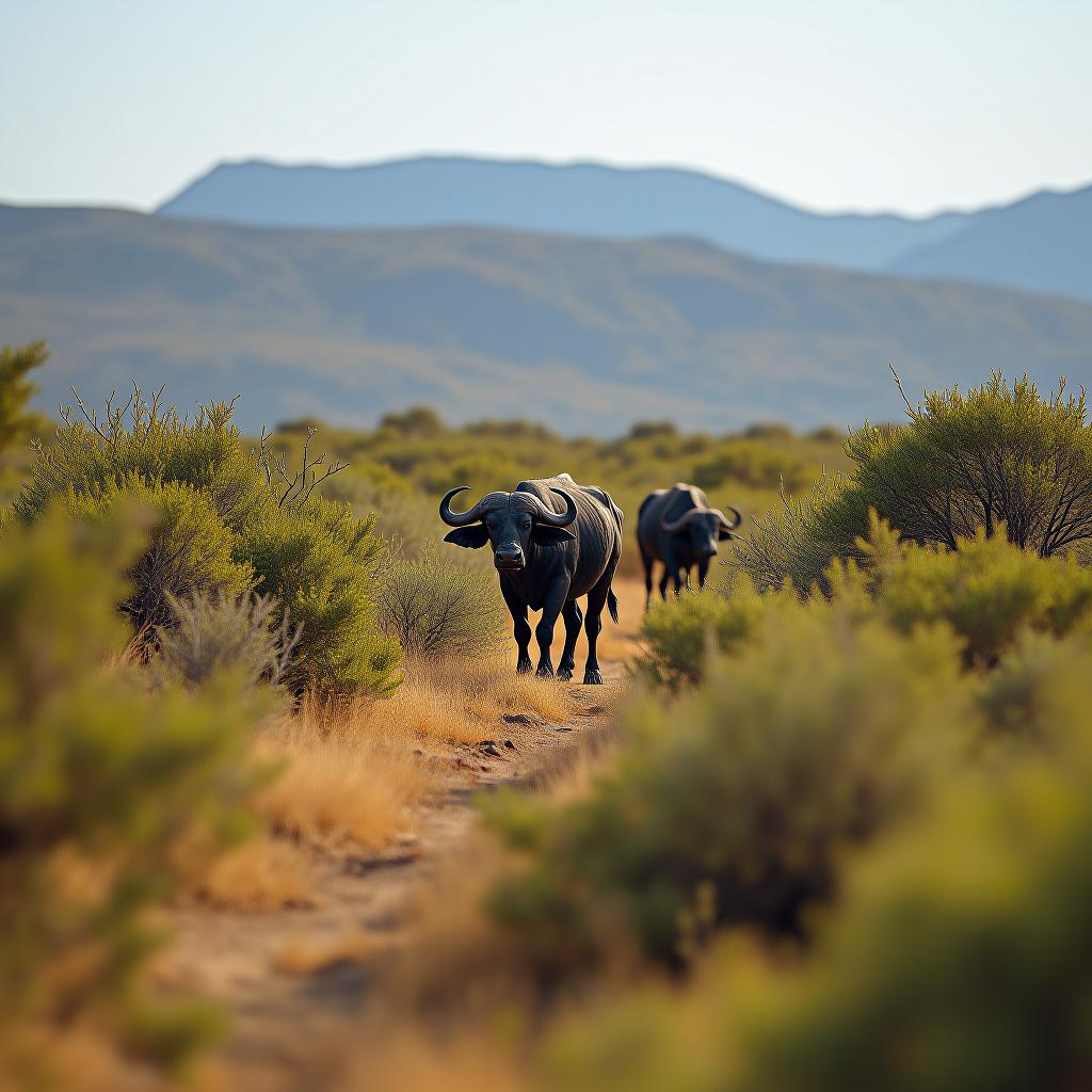  photoreal. professional. photorealistic+++++. a herd of buffalo barely visible in tall african shrubs and bushes. it is the dry season. it is noon. the sky is clear. mountainous african terrain. detailed african bushveld flora. uhd. ultra detailed. best quality photo. intricate details. give attention to the finest details.