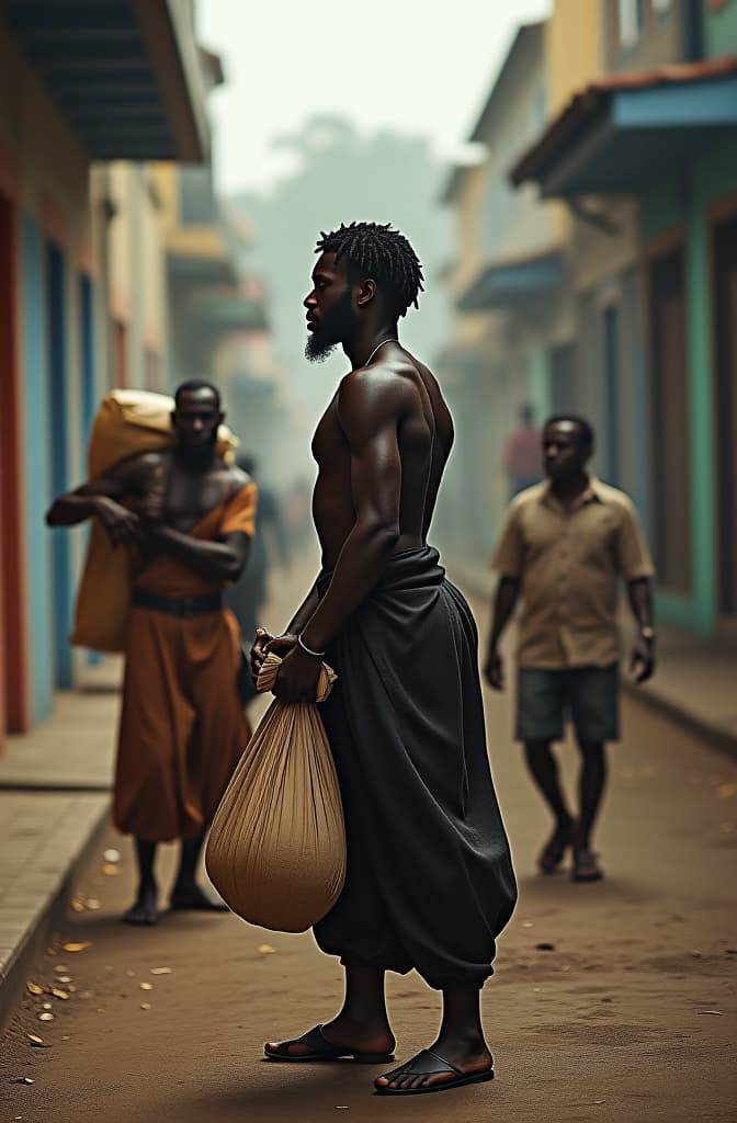  crie uma justaposição poderosa entre três homens negros em diferentes contextos históricos e sociais. o primeiro homem é um escravizado do brasil do século xix, sem camisa, carregando um barril na cabeça, conforme retratado por jean baptiste debret. o segundo homem, também negro, é um coletor de lixo dos dias atuais, vestido com uniforme padrão do brasil (calça de brim ou tactel, camisa de malha fria, e boné), carregando um saco de lixo em um cenário urbano contemporâneo. o terceiro homem negro é um morador de rua, revirando o lixo com um carrinho de mão de ferro. ao fundo, a cena deve mostrar uma mescla de uma cidade pré colonial com as favelas atuais, criando uma narrativa visual que conecta as lutas e a resistência dess hyperrealistic, full body, detailed clothing, highly detailed, cinematic lighting, stunningly beautiful, intricate, sharp focus, f/1. 8, 85mm, (centered image composition), (professionally color graded), ((bright soft diffused light)), volumetric fog, trending on instagram, trending on tumblr, HDR 4K, 8K