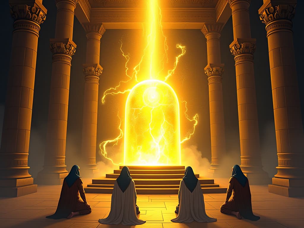  golden benben stone emitting radiant light, placed in the heart of a temple, surrounded by kneeling priests, aura of divine revelations and sacred energy. the style is digital art illustration / modern comic book / mysterious occult, symbolic, esoteric vibe,high detail on character design, incorporating ancient egyptian symbology and attire.