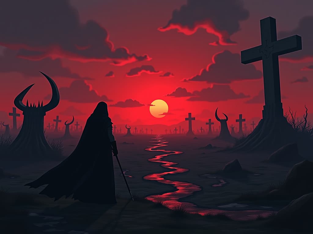  a desolate battlefield at dusk, remnants of conflict, sense of aftermath, reflection.. the style is dark fantasy and mysterious occult, symbolic, moody lighting, esoteric vibe,high detail on character design. for the color scheme emphasize blacks and reds.