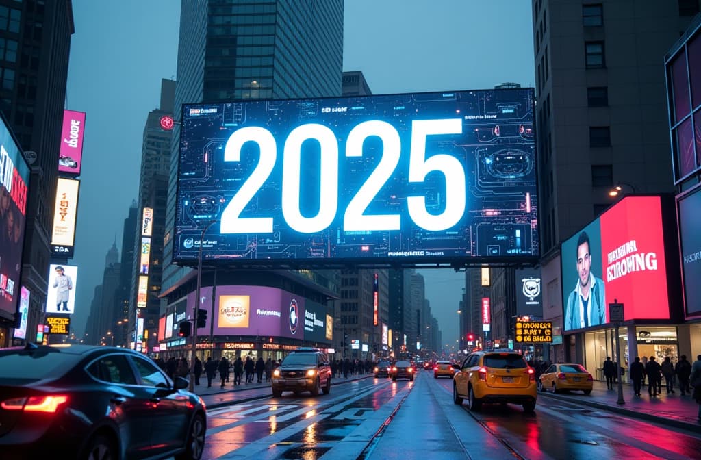  giant «2025» projected on a digital billboard in a bustling urban center, with futuristic technology and transportation. {prompt}, maximum details