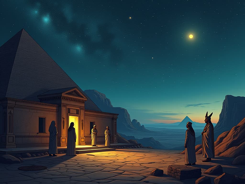  an ancient dogon village under a starry sky, elders in ceremonial garb, whispering secrets about the sirius system, mood of ancient wisdom and cosmic knowledge. the style is digital art illustration / modern comic book / mysterious occult, symbolic, esoteric vibe,high detail on character design, incorporating ancient egyptian symbology and attire.