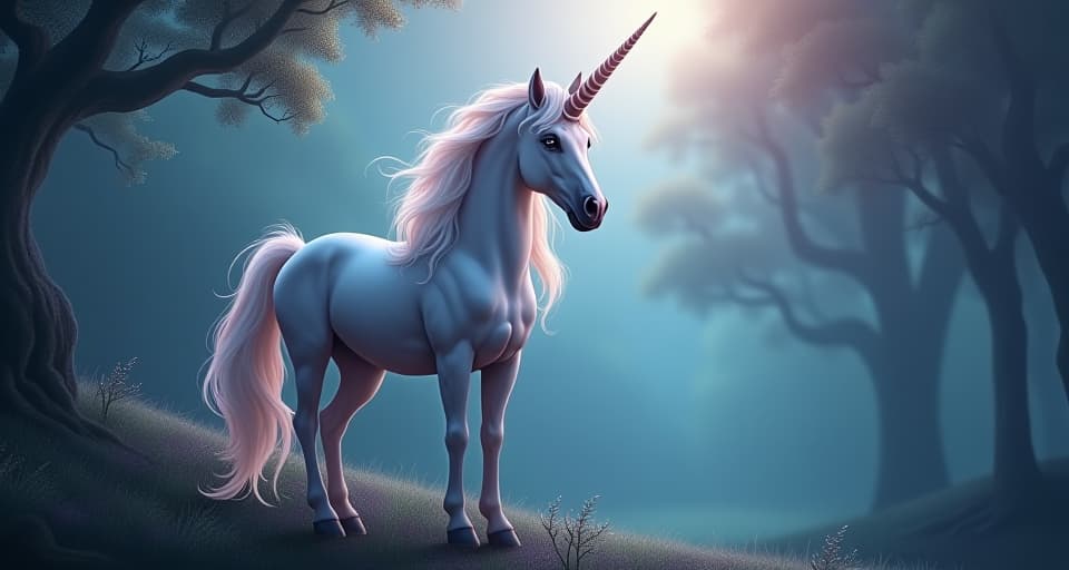  a majestic unicorn with a gleaming horn, standing on the edge of an enchanted forest, its eyes filled with a deep, serene love, atmosphere of unwavering devotion. the style is digital art illustration,highly detailed, whimsical,magical, dreamlike atmosphere, realism and fantasy blend, smooth, glossy textures,luminous quality, wonder and enchantment.