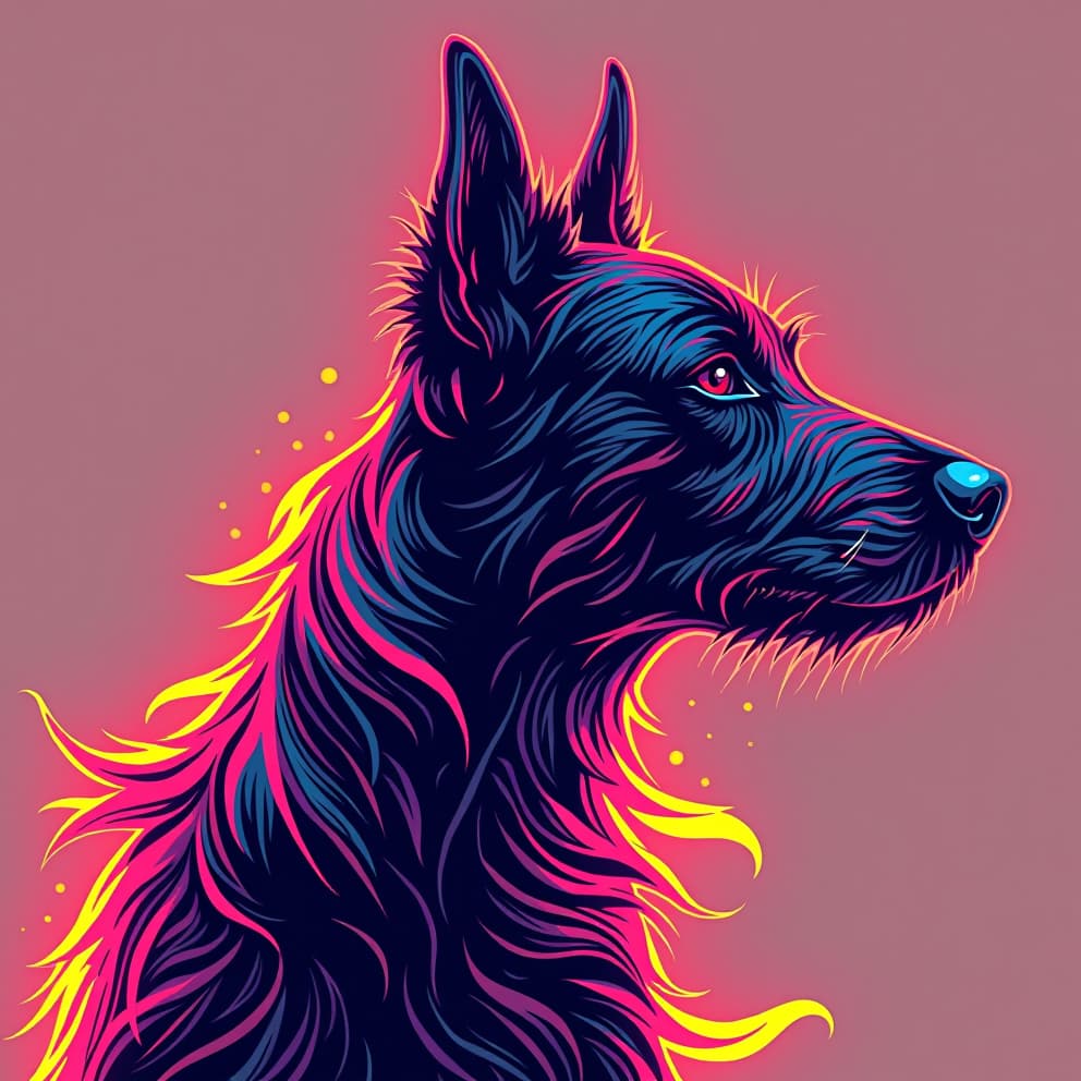  a vibrant, pixelated dog silhouette, rendered in a dynamic, flowing style with neon colors and a sense of movement, reminiscent of the flux art movement.hyper detail, intricate details, sharp focus, high resolution, 8k, ultra detailed, vib