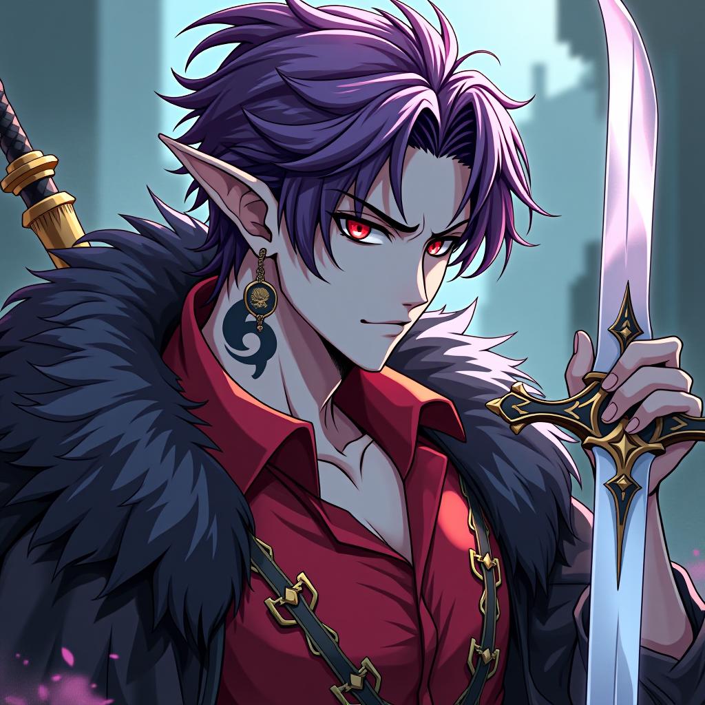  manga style a dark elf male pirate with a saber in his right hand marble white skin, purple scarlet hair, lavender eyes with a red tint, dressed in a red violet shirt embroidered with red gold over the shirt wears a leather coat with a fur collar of dark scarlet, disheveled hair. an earring in the right ear, in the shape of a month. tattoo of a jagged crescent moon near the left eye socket the crescent moon is turned towards the eye . vibrant, high energy, detailed, iconic, japanese comic style hyperrealistic, full body, detailed clothing, highly detailed, cinematic lighting, stunningly beautiful, intricate, sharp focus, f/1. 8, 85mm, (centered image composition), (professionally color graded), ((bright soft diffused light)), volumetric fog, trending on instagram, trending on tumblr, HDR 4K, 8K