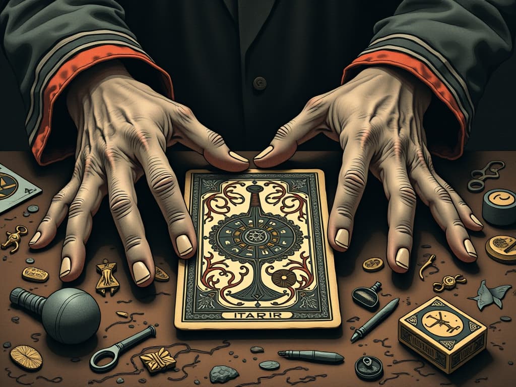  a close up of an archaeologist's hands, carefully inspecting ancient relics, intricate patterns, symbols of the past, air of scrutiny and discovery, dark and detailed. an illustration in the style of a worn, mystical old tarot trump card, mysterious and elements of surrealism. the colors are muted, somber and eerie, but with contrast bring out an occult and esoteric vibe.