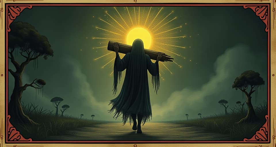  a radiant figure carrying a glowing burden, walking through darkness, ethereal light guiding the way, resilient, unique power. an illustration in the style of a worn, mystical old tarot trump card, mysterious and elements of surrealism. the colors are muted, somber and eerie, but with contrast bring out an occult and esoteric vibe.