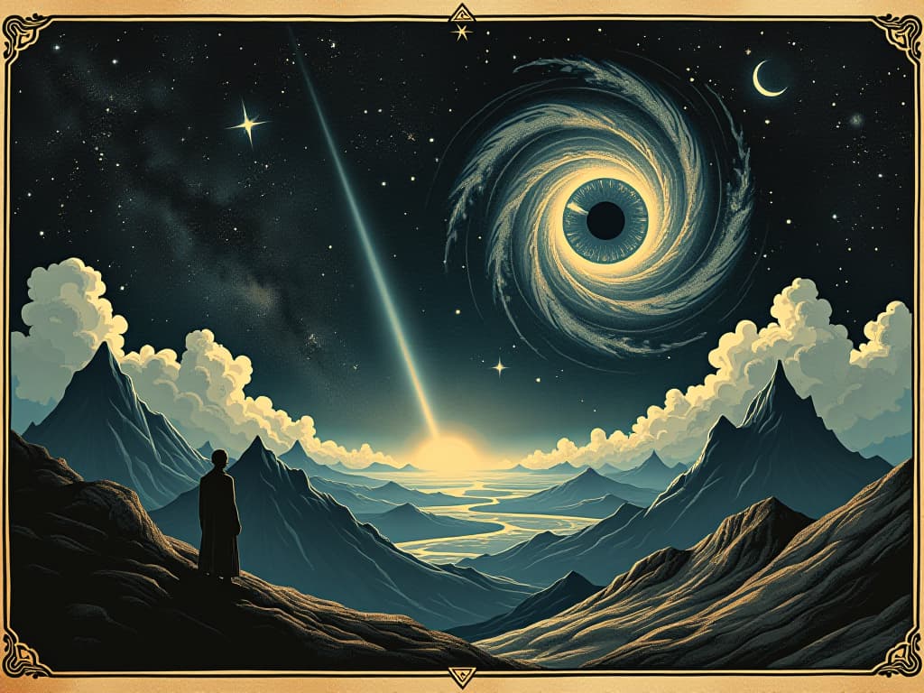  glimpses of the infinite, vast cosmic landscapes, stars and galaxies swirling, eye observing from the foreground, aura of mysticism, boundless realms, radiant light cutting through darkness, eternal mysteries. an illustration in the style of a worn, mystical old tarot trump card, mysterious and elements of surrealism. the colors are muted, somber and eerie, but with contrast bring out an occult and esoteric vibe.