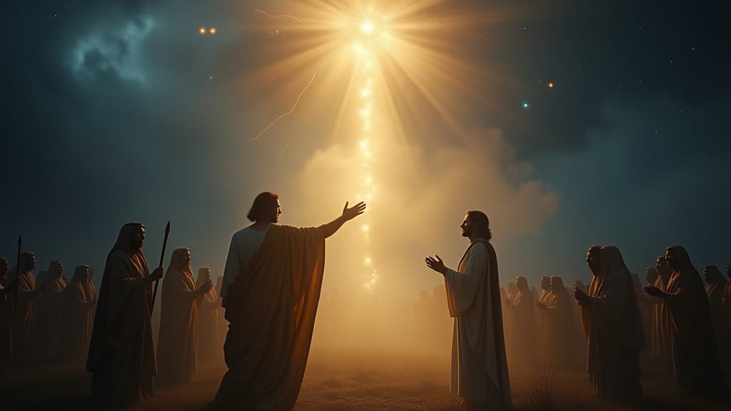  history of biblical times, the night vision of god appearing to isaac, reassuring him in heavenly light, with a cosmic backdrop. hyperrealistic, full body, detailed clothing, highly detailed, cinematic lighting, stunningly beautiful, intricate, sharp focus, f/1. 8, 85mm, (centered image composition), (professionally color graded), ((bright soft diffused light)), volumetric fog, trending on instagram, trending on tumblr, HDR 4K, 8K