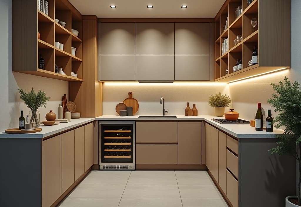  a landscape photo of a compact kitchen with a built in wine fridge, custom cabinetry with glass doors, and under cabinet lighting, viewed from the side hyperrealistic, full body, detailed clothing, highly detailed, cinematic lighting, stunningly beautiful, intricate, sharp focus, f/1. 8, 85mm, (centered image composition), (professionally color graded), ((bright soft diffused light)), volumetric fog, trending on instagram, trending on tumblr, HDR 4K, 8K