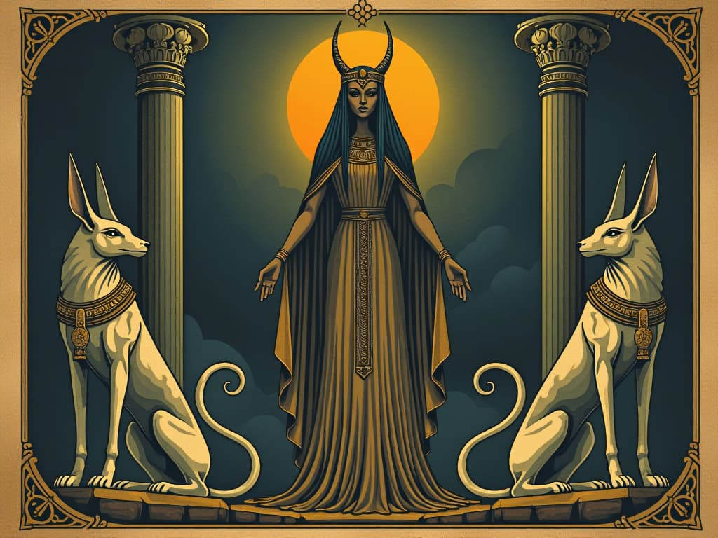  isis as a guardian, flanked by statues of anubis and horus, life and death symbols, protective and enigmatic an illustration in the style of a worn, mystical old tarot trump card, mysterious and elements of surrealism. the colors are muted, somber and eerie, but with contrast bring out an occult and esoteric vibe.