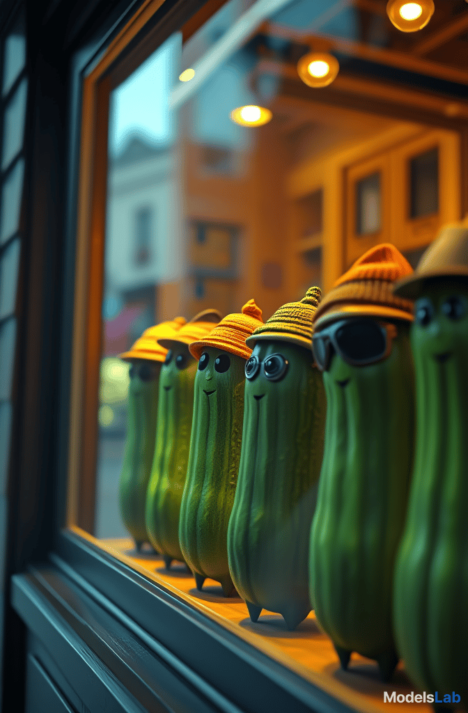  the storefront of a business that sells small hats for pickles. the front window has a display of green pickles lined up wearing a variety of different hats and helmets. hyperrealistic, full body, detailed clothing, highly detailed, cinematic lighting, stunningly beautiful, intricate, sharp focus, f/1. 8, 85mm, (centered image composition), (professionally color graded), ((bright soft diffused light)), volumetric fog, trending on instagram, trending on tumblr, HDR 4K, 8K