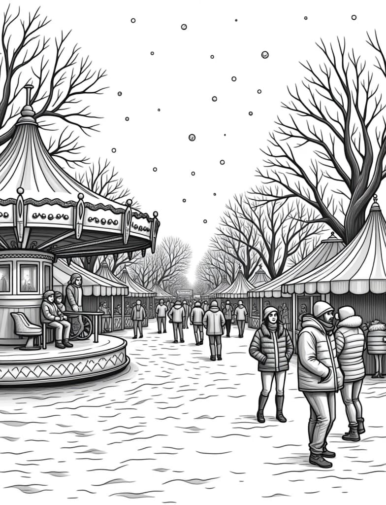  this is for an adult coloring page. a detailed black and white line art of a snowy winter carnival with people enjoying rides and games in the snow on a solid white background.