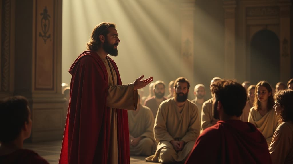  history of biblical times, peter delivering a heartfelt sermon on the importance of love and compassion, with a listening audience captivated by his words. hyperrealistic, full body, detailed clothing, highly detailed, cinematic lighting, stunningly beautiful, intricate, sharp focus, f/1. 8, 85mm, (centered image composition), (professionally color graded), ((bright soft diffused light)), volumetric fog, trending on instagram, trending on tumblr, HDR 4K, 8K