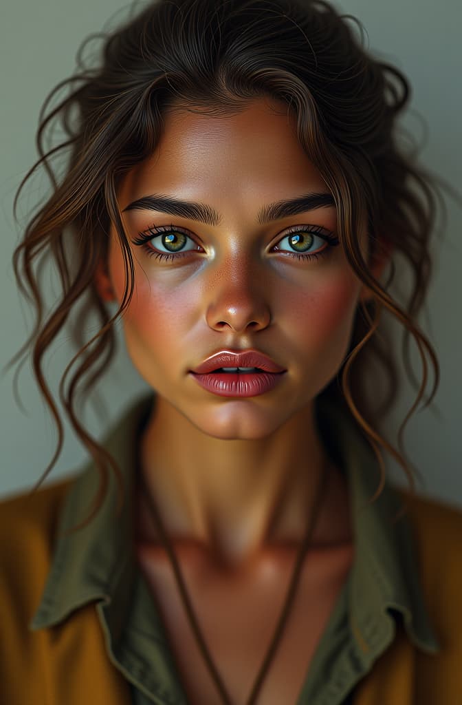  uma mulher jovem, pele parda, sinais no rosto, cabelo castanho wolfcut, olhos castanho mel., realistic, portrait, art by donato giancola and greg rutkowski, realistic face, digital art, trending on artstation hyperrealistic, full body, detailed clothing, highly detailed, cinematic lighting, stunningly beautiful, intricate, sharp focus, f/1. 8, 85mm, (centered image composition), (professionally color graded), ((bright soft diffused light)), volumetric fog, trending on instagram, trending on tumblr, HDR 4K, 8K