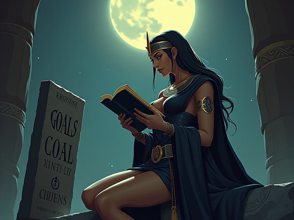  ancient stone tablet with etched goals under the moonlight, large busted sorceress in tight robes reading it, mystical symbols glowing, air of determination. the style is digital art illustration / modern comic book / mysterious occult, symbolic, esoteric vibe,high detail on character design, incorporating ancient egyptian symbology and attire.