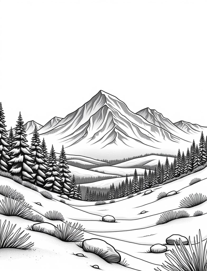  this is for an adult coloring page. a detailed black and white line art of a snowy snowy landscape with a distant view of a mountain range on a solid white background.