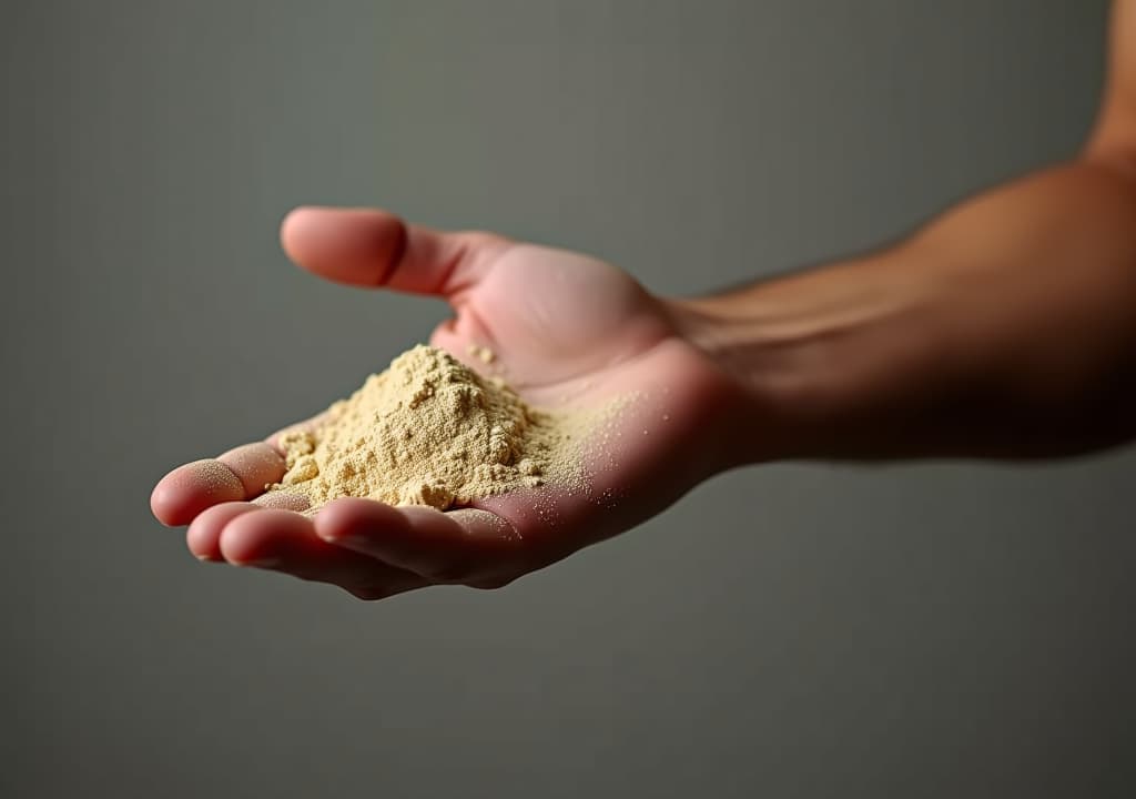  protein powder in man muscular hand shape, bodybuilding and power sport concept