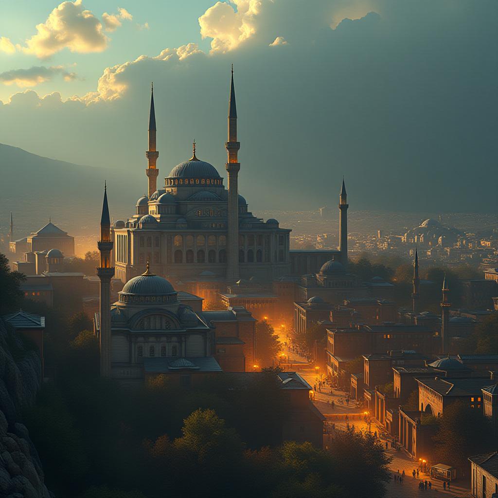  a visual of the ancient appearance of a place in the northwestern region of turkey during the ottoman empire. the visual should include plenty of historical and cultural elements. it should also be a city view. hyperrealistic, full body, detailed clothing, highly detailed, cinematic lighting, stunningly beautiful, intricate, sharp focus, f/1. 8, 85mm, (centered image composition), (professionally color graded), ((bright soft diffused light)), volumetric fog, trending on instagram, trending on tumblr, HDR 4K, 8K