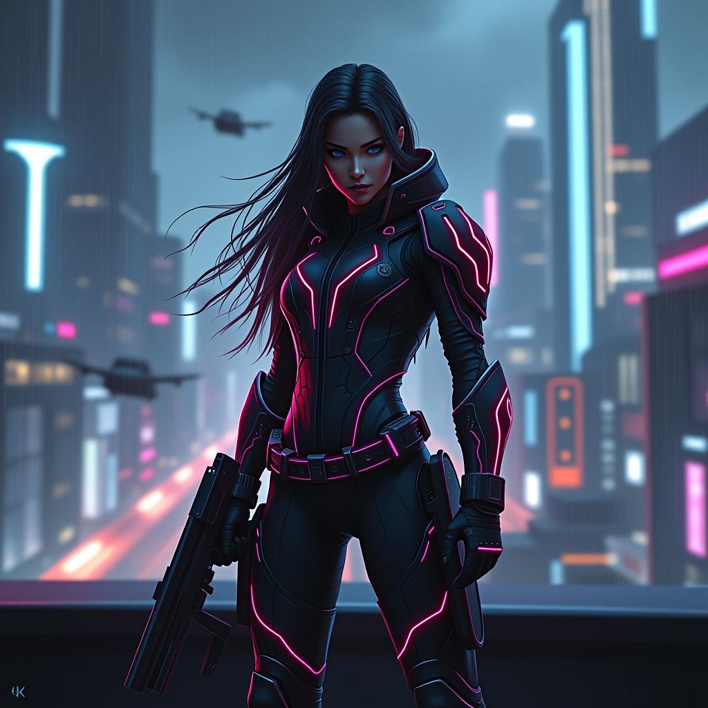   in in a sleek, futuristic setting. she stands on the rooftop of a neon lit city, with towering skyscrs and flying vehicles in the background. her attire is a blend of high tech armor and tactical gear, with glowing accents that match the city's vint lights. she has a sharp, determined expression, her long hair flowing in the wind. in one hand, she holds an advanced, sleek weapon, and in the other, a holographic display with target information. the cityscape around her is dark, with rain falling, reflecting the neon lights on the surfaces, adding to the intense, cyberpunk atmosphere hyperrealistic, full body, detailed clothing, highly detailed, cinematic lighting, stunningly beautiful, intricate, sharp focus, f/1. 8, 85mm, (centered image composition), (professionally color graded), ((bright soft diffused light)), volumetric fog, trending on instagram, trending on tumblr, HDR 4K, 8K