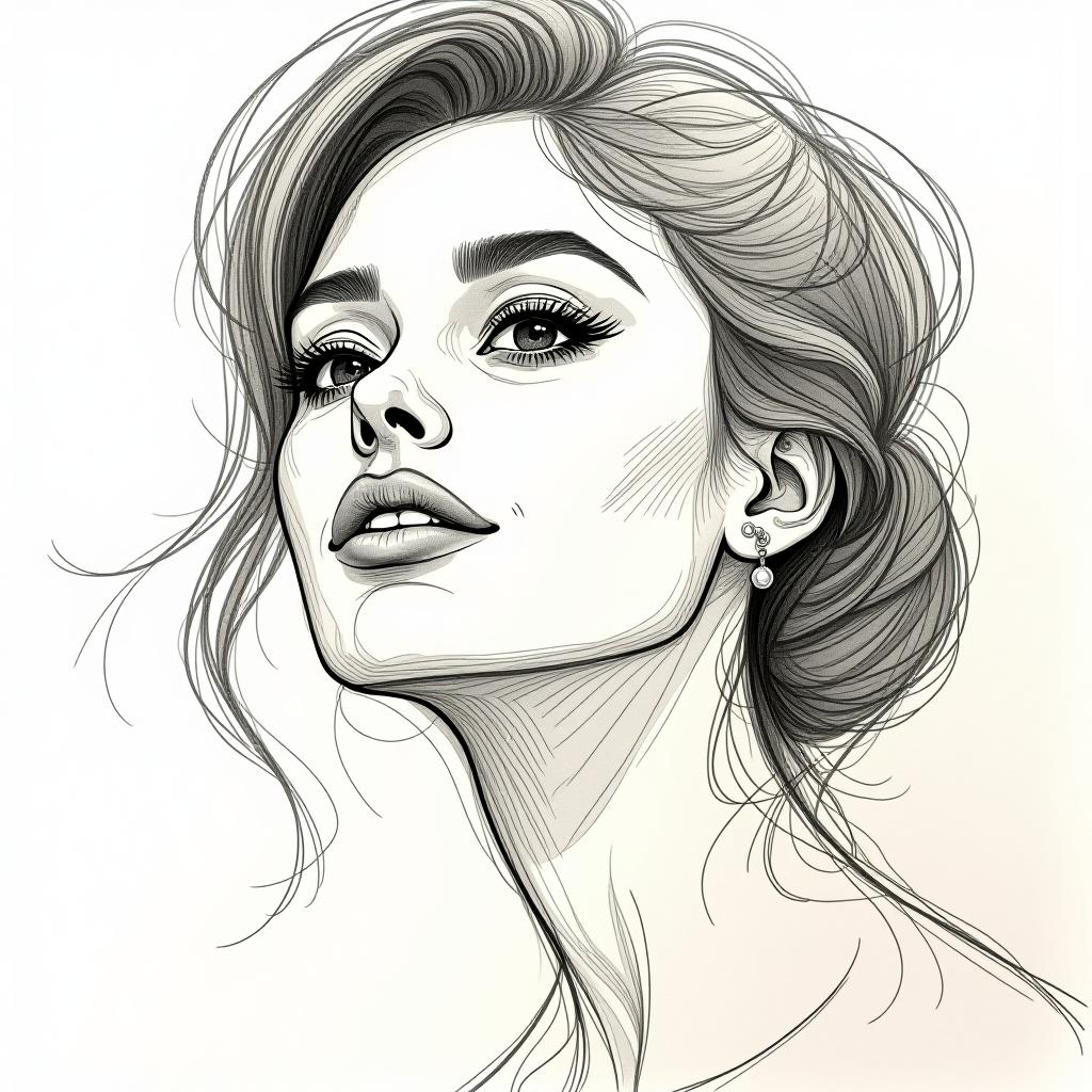  sketch of a woman's face, expressive line work, in the style of beautiful portraits ar 35:64 stylize 750. full face in view.